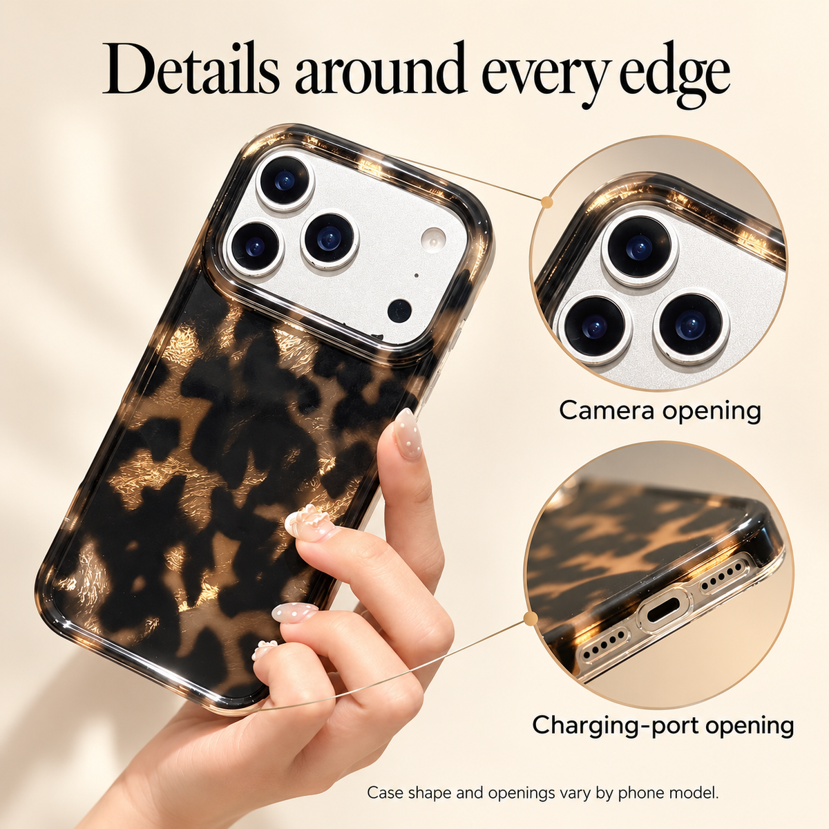 Camera and bottom openings panel showing the actual dark mottled print and clear case edges.