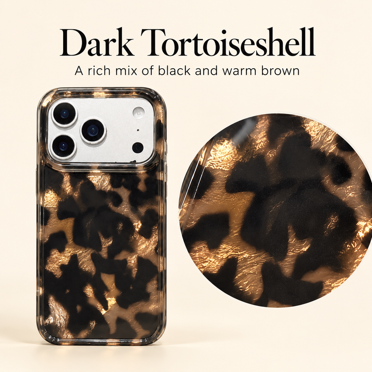 Dark Tortoiseshell style guide showing the actual dark mottled print and clear case edges.