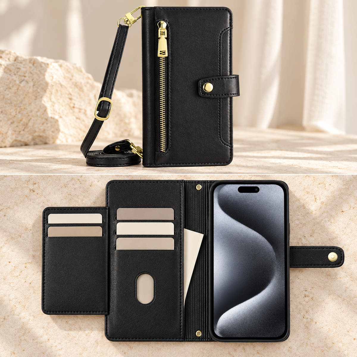 Minimal crossbody iPhone wallet case in Black — open card panels and phone cradle with unbranded sample cards