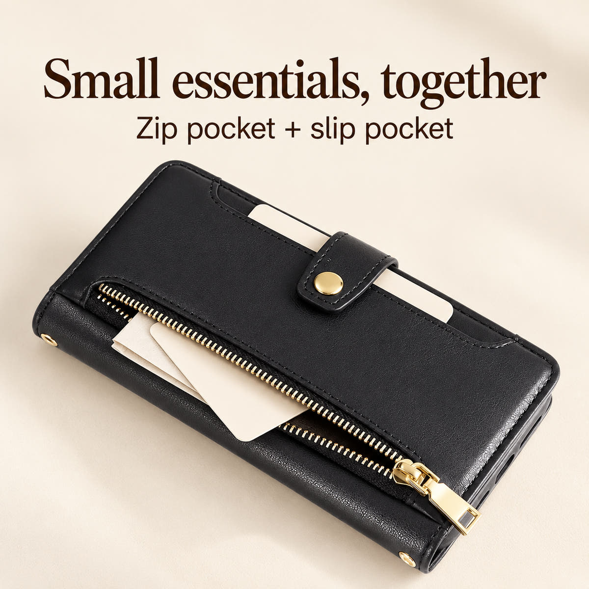 Black Minimal crossbody wallet case zip pocket and front slip pocket shown with unbranded sample contents
