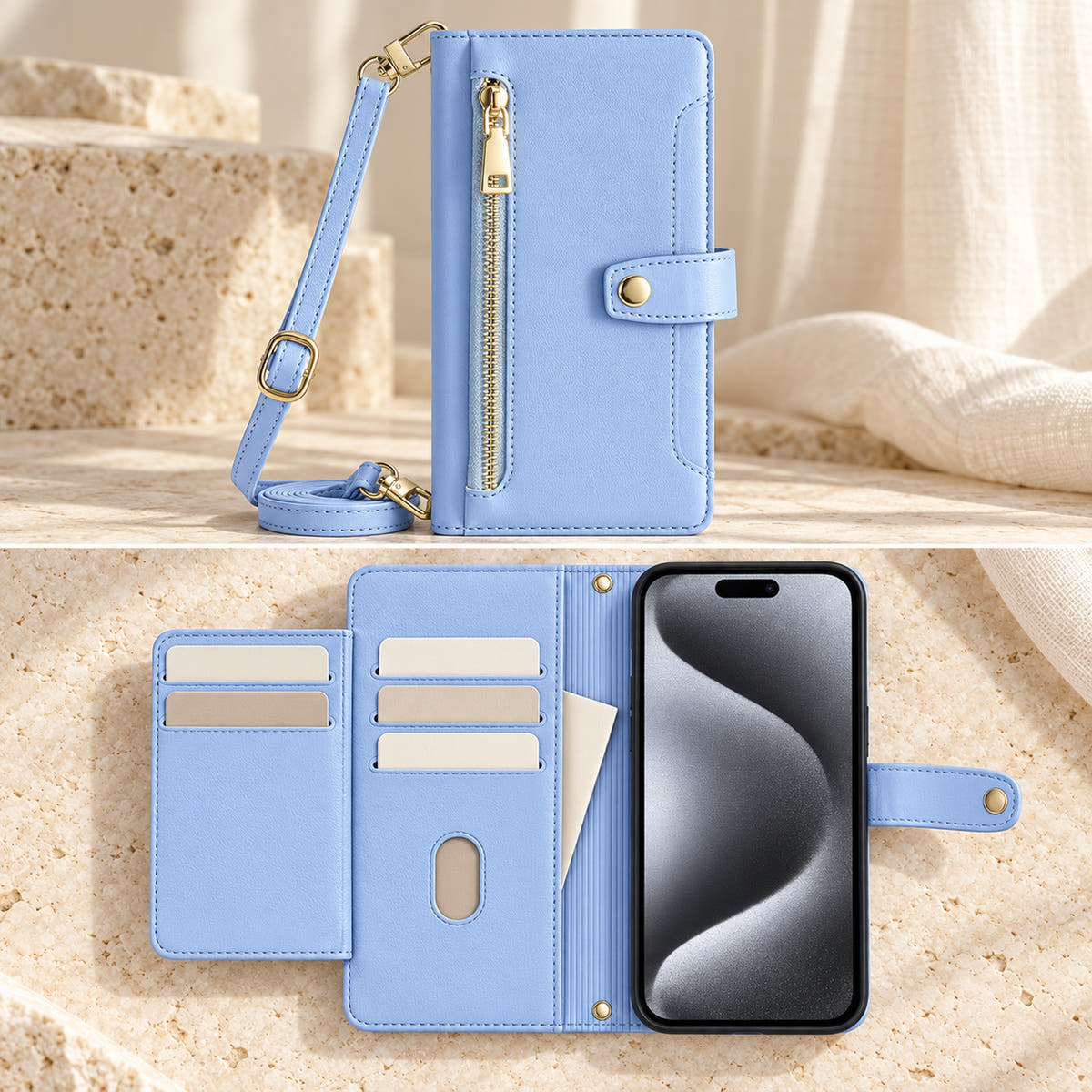 Minimal crossbody iPhone wallet case in Sky Blue — open card panels and phone cradle with unbranded sample cards