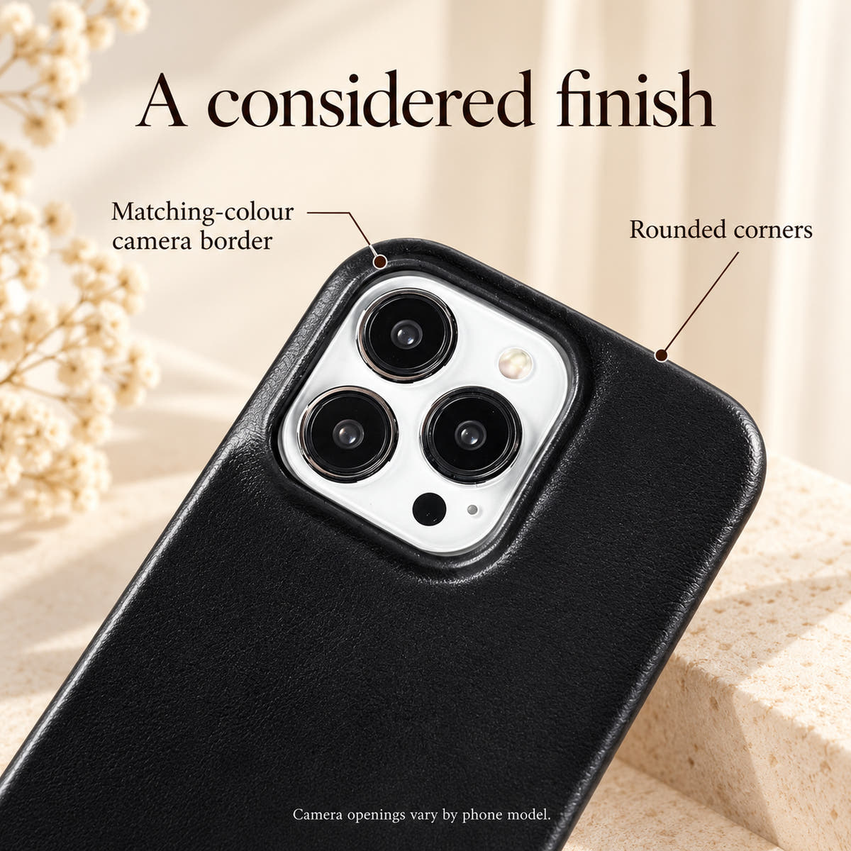 Feature graphic showing the matching-colour camera border and rounded upper corners of the minimal iPhone case.