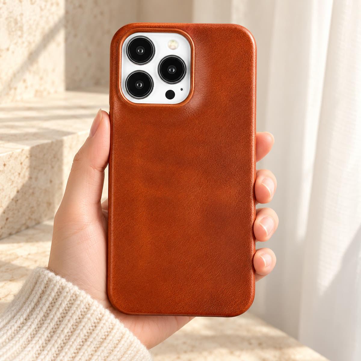 Minimal leather-look iPhone case in Orange Red, held upright against a cream background.