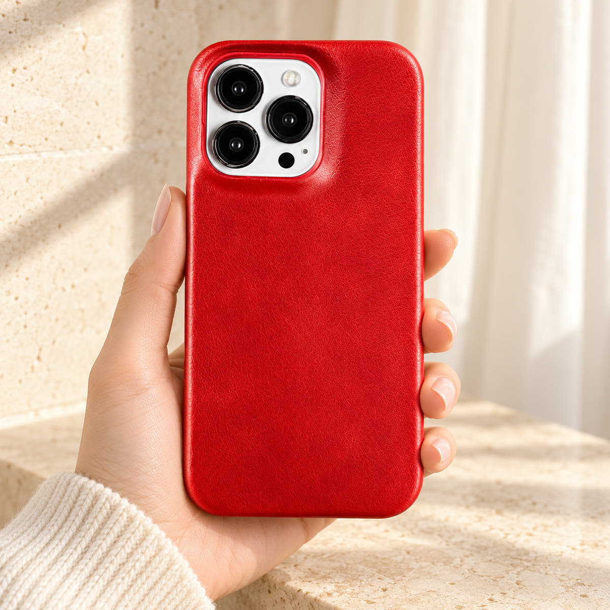 Minimal leather-look iPhone case in Red, held upright against a cream background.