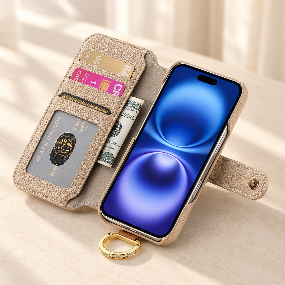 Beige iPhone wallet case opened to show three card slots, an ID window, a note pocket and the fitted phone holder
