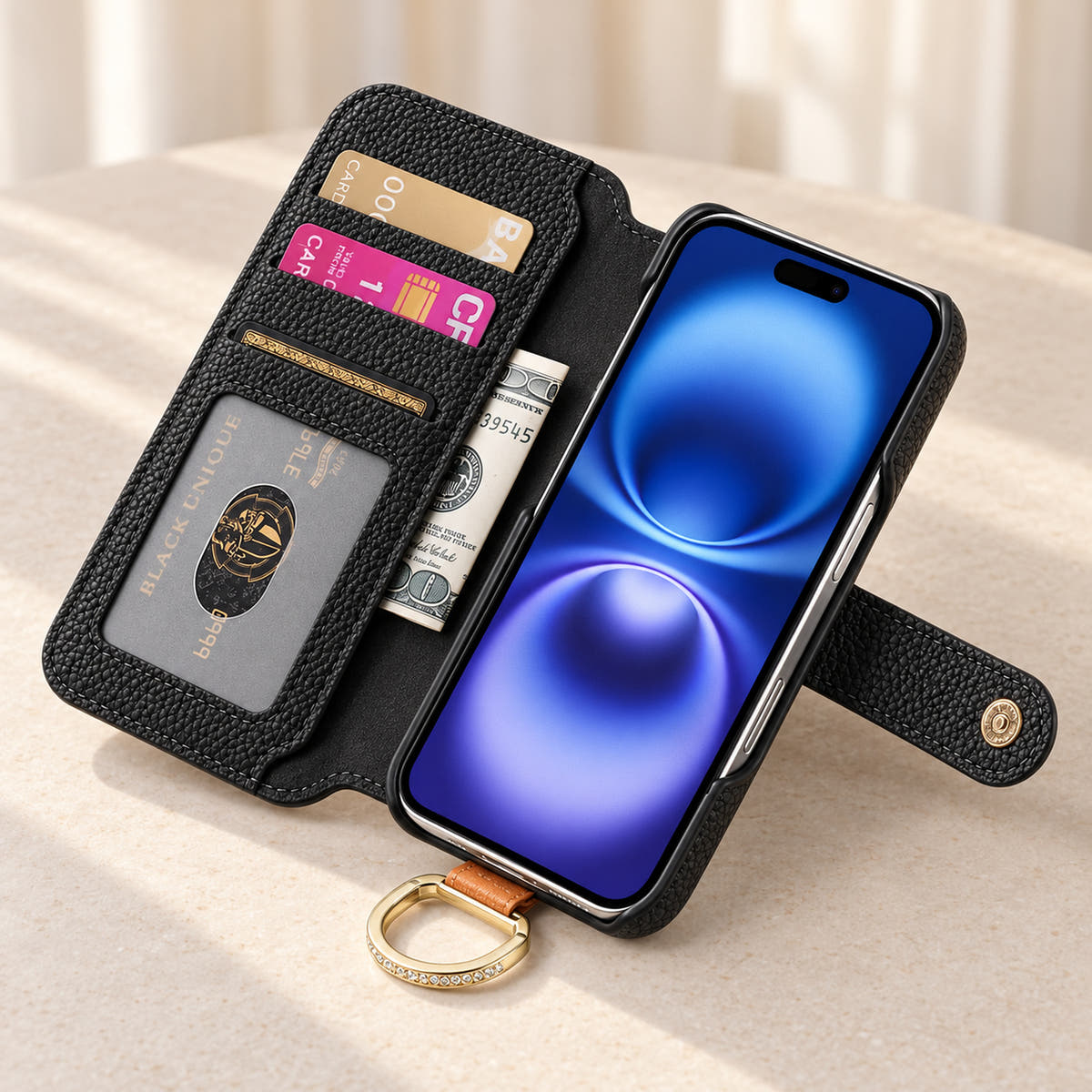 Black iPhone wallet case opened to show three card slots, an ID window, a note pocket and the fitted phone holder