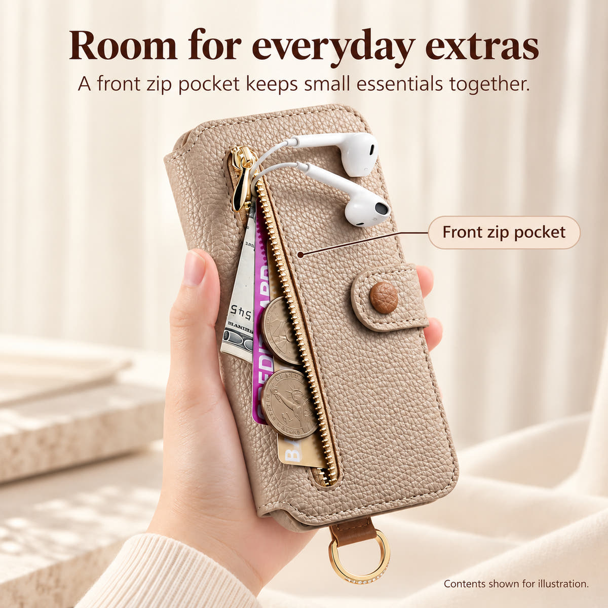 Beige textured wallet case information image highlighting the front zip pocket for illustrated small essentials