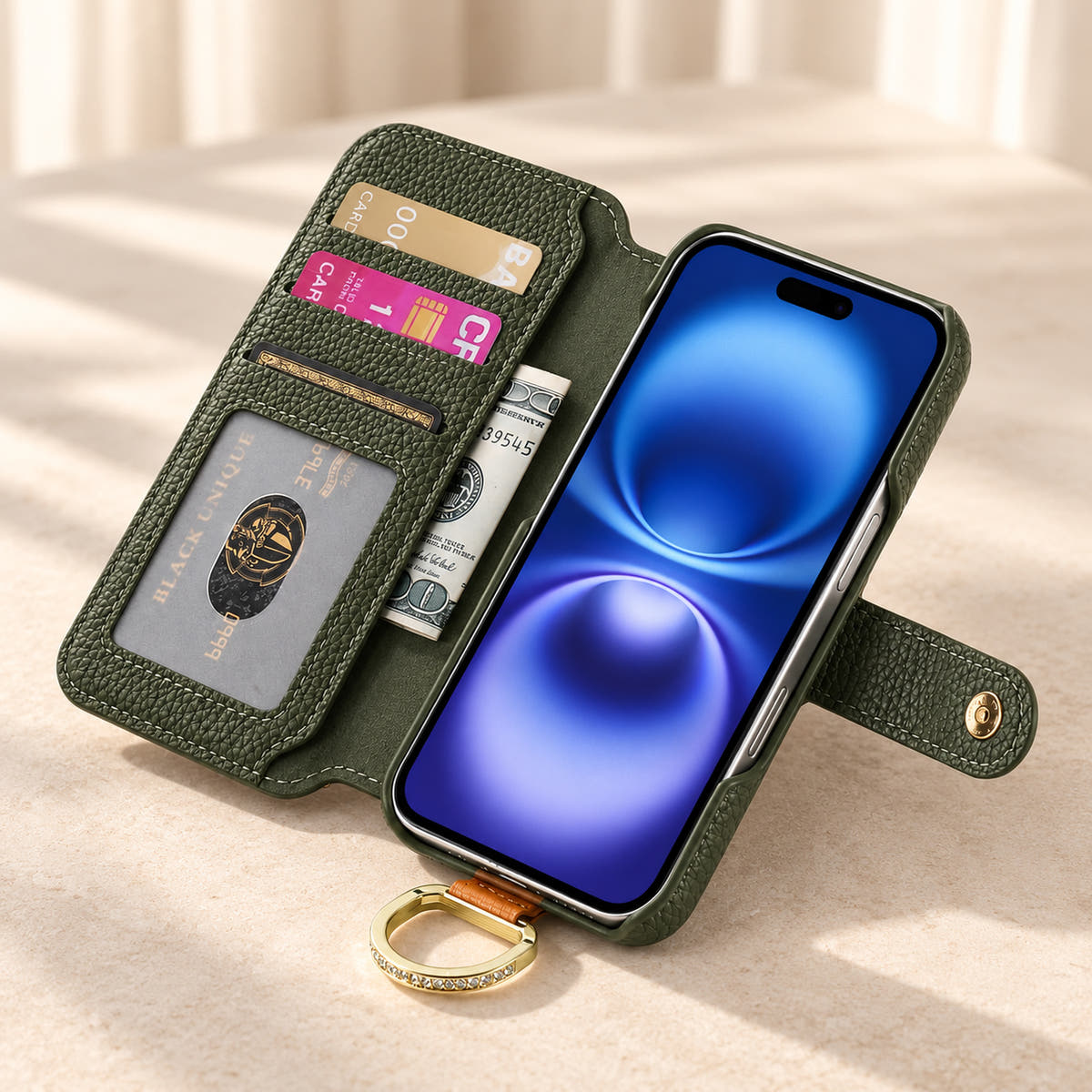 Forest Green iPhone wallet case opened to show three card slots, an ID window, a note pocket and the fitted phone holder