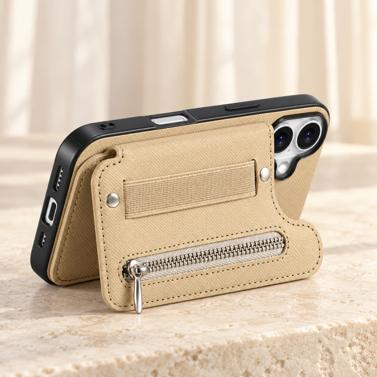 Multi-Pocket iPhone wallet case in Beige with the rear wallet folded into a landscape stand