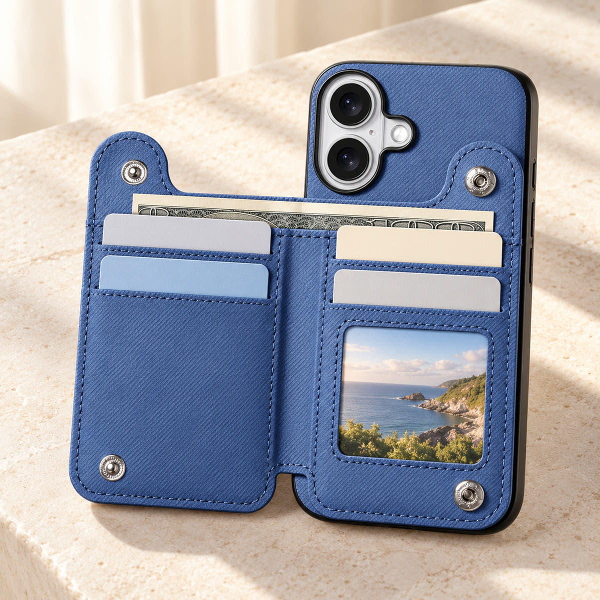 Multi-Pocket iPhone wallet case in Blue opened to show the card rows, ID window and notes compartment