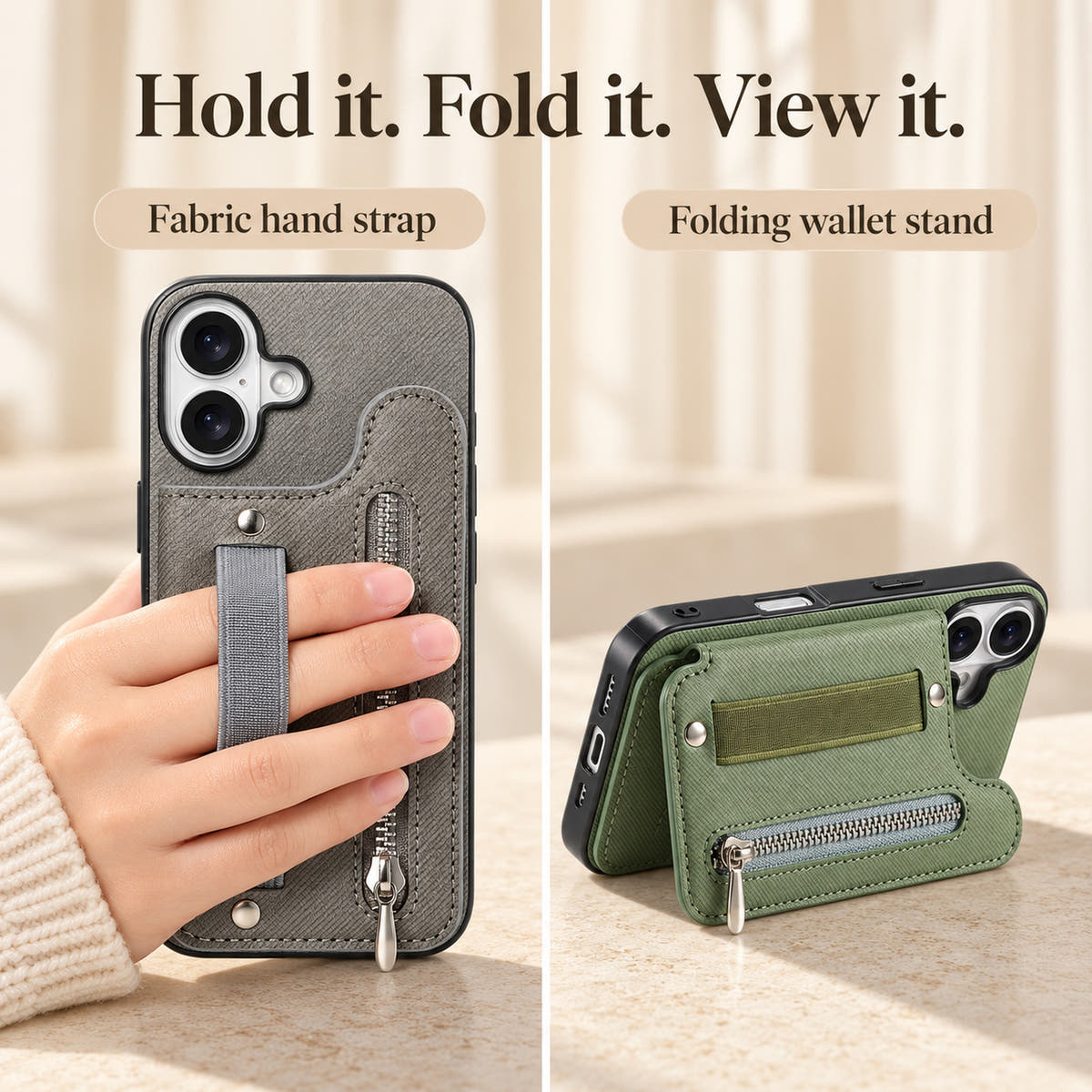 Multi-Pocket wallet case information graphic showing the fabric hand strap and rear wallet folding into a stand