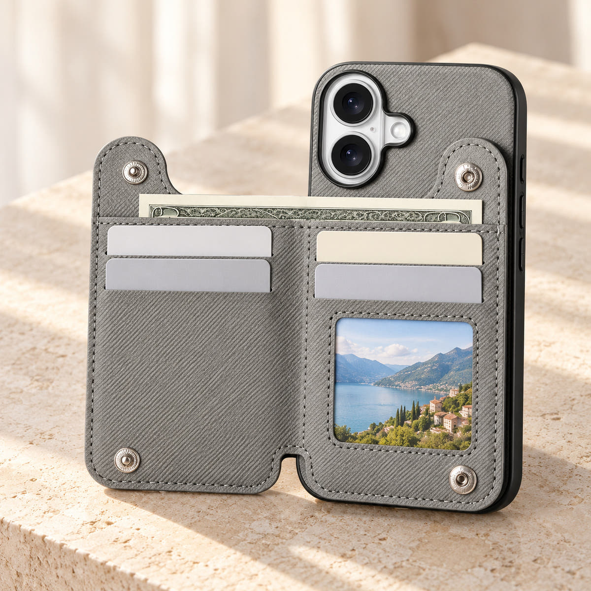 Multi-Pocket iPhone wallet case in Gray opened to show the card rows, ID window and notes compartment