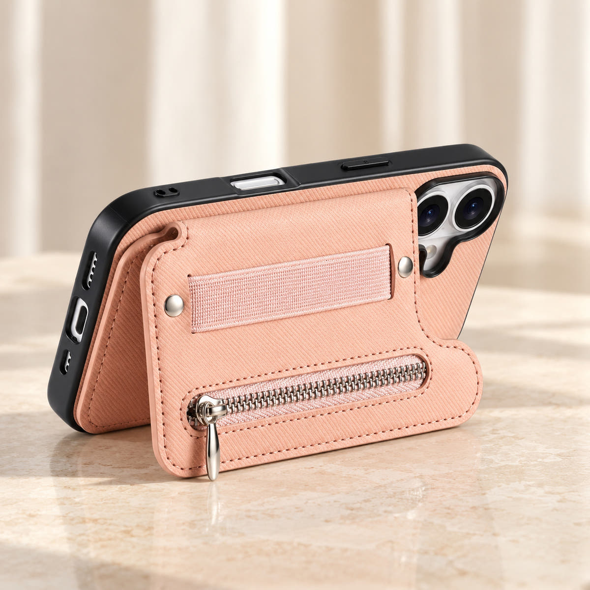 Multi-Pocket iPhone wallet case in Pink with the rear wallet folded into a landscape stand