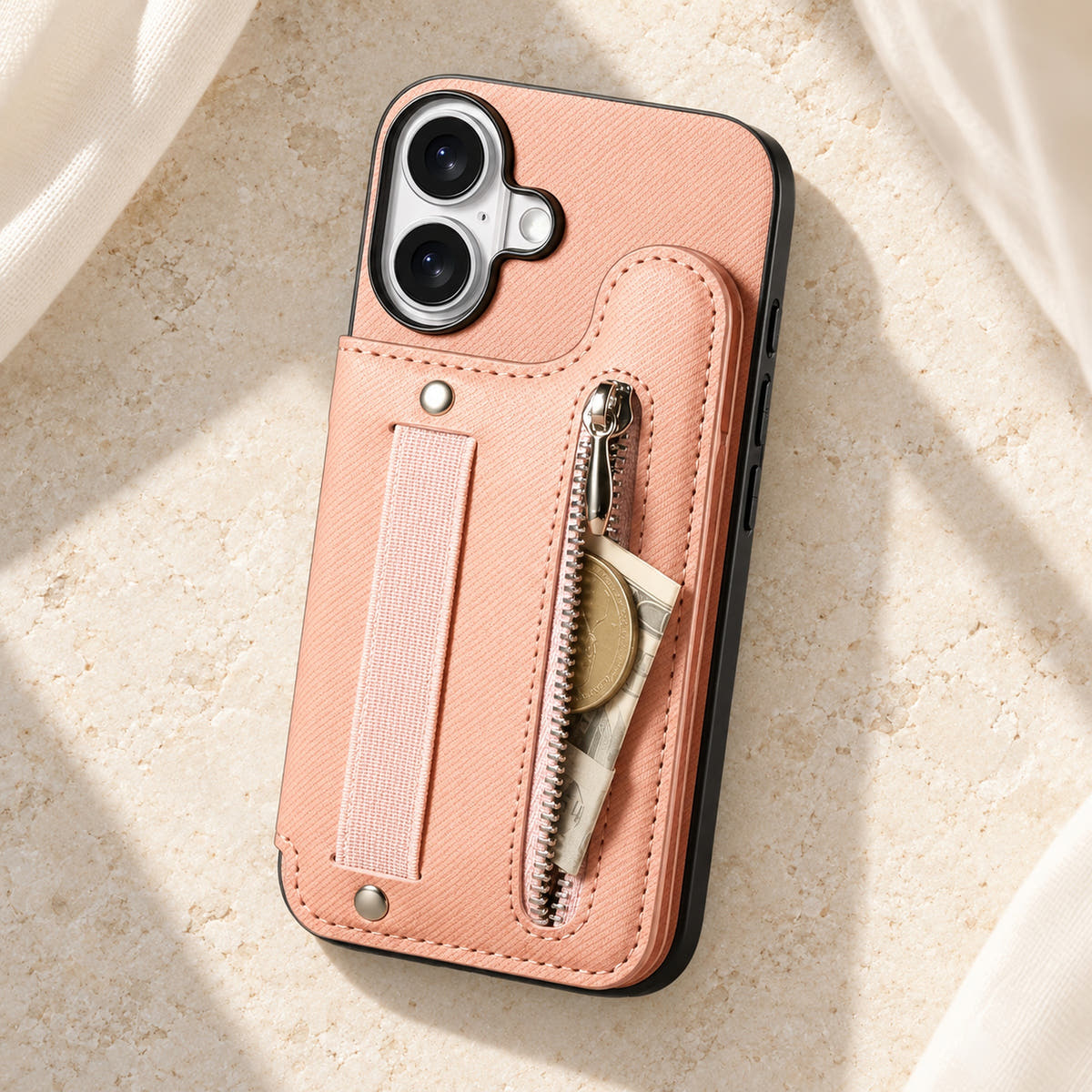 Multi-Pocket iPhone wallet case in Pink on cream limestone with its rear zip pocket open