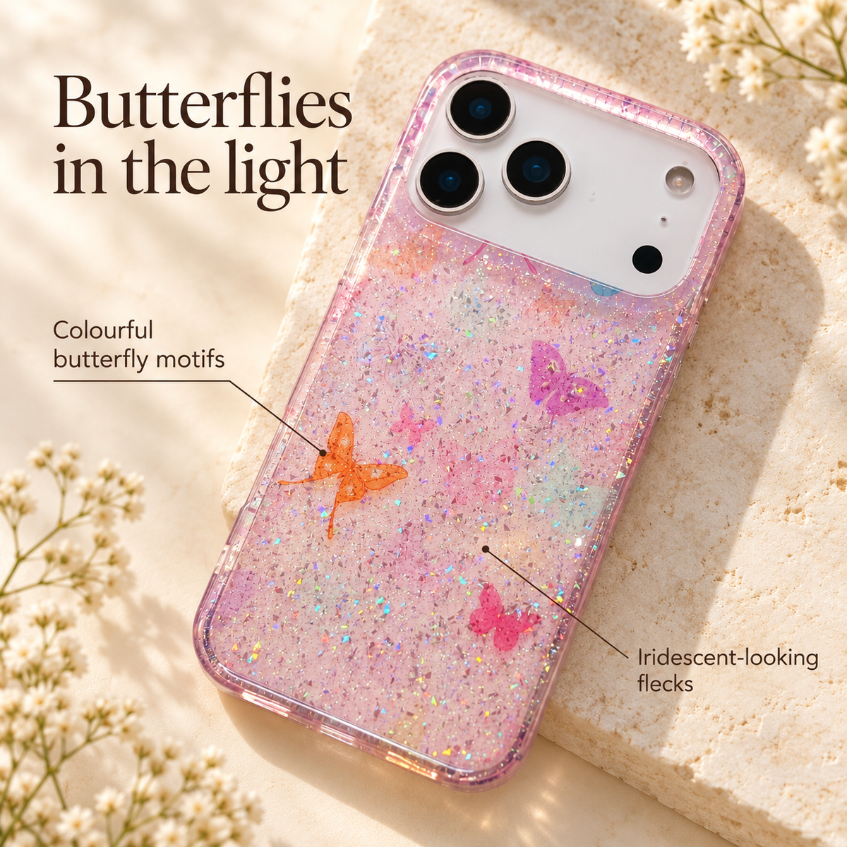 Butterfly Pink design guide with direct labels identifying the colourful printed butterflies and iridescent-looking flecks.