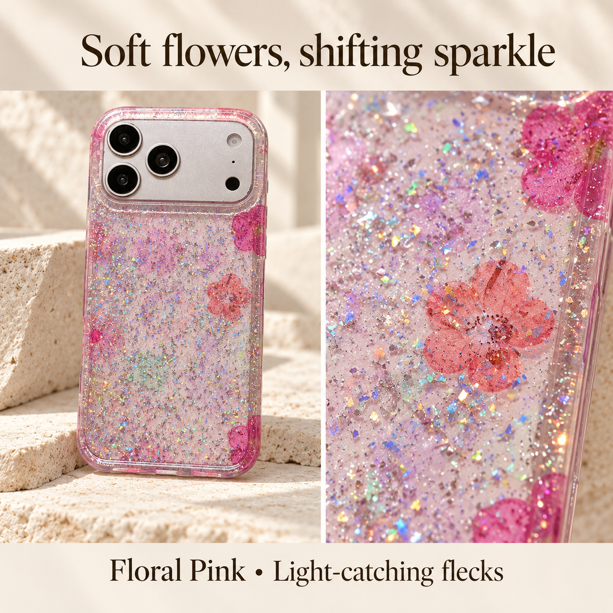 Floral Pink finish panel pairing a complete case with a rectangular close-up of flower motifs and reflective flecks.