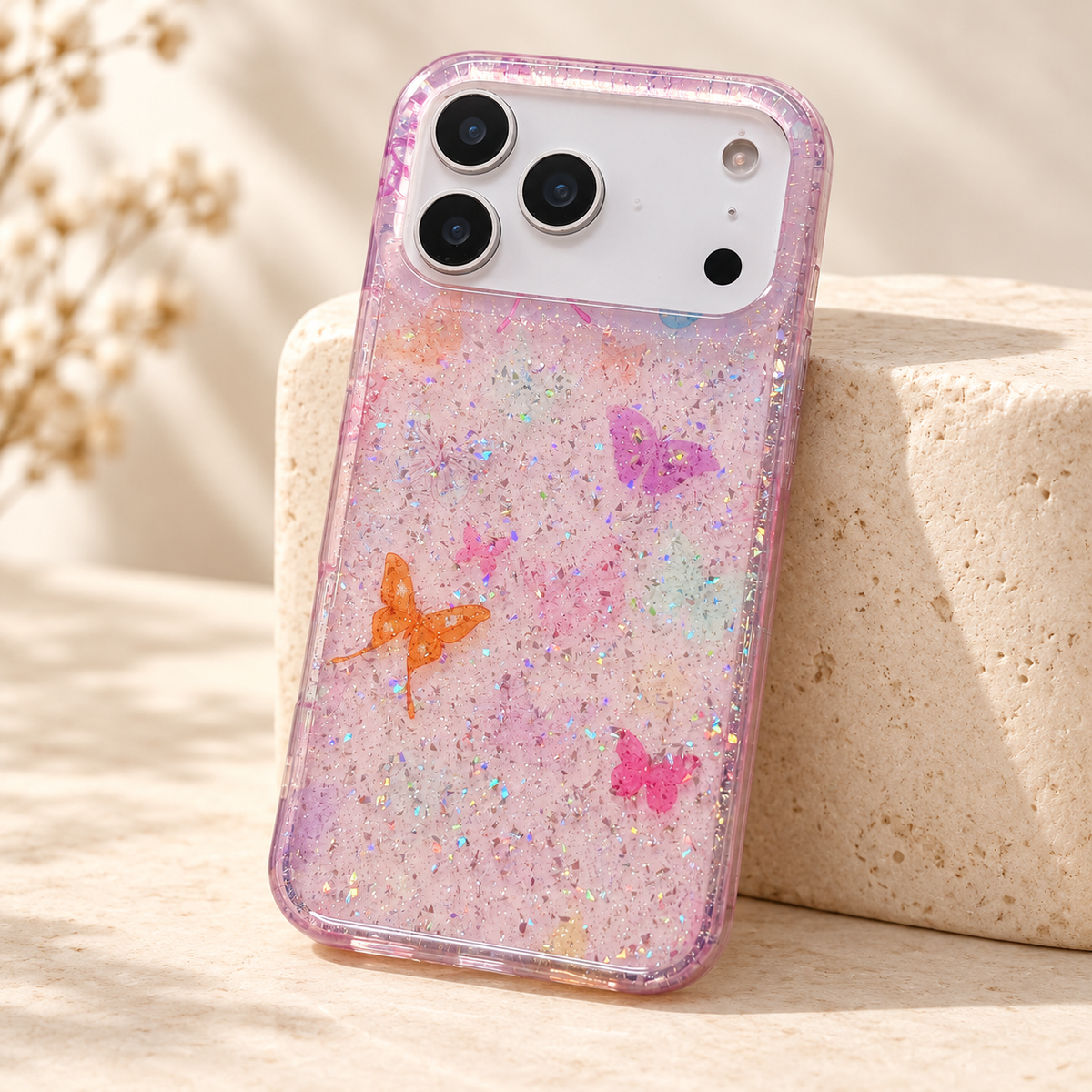 Full rear view of the Butterfly Pink case leaning against a small cream stone block.