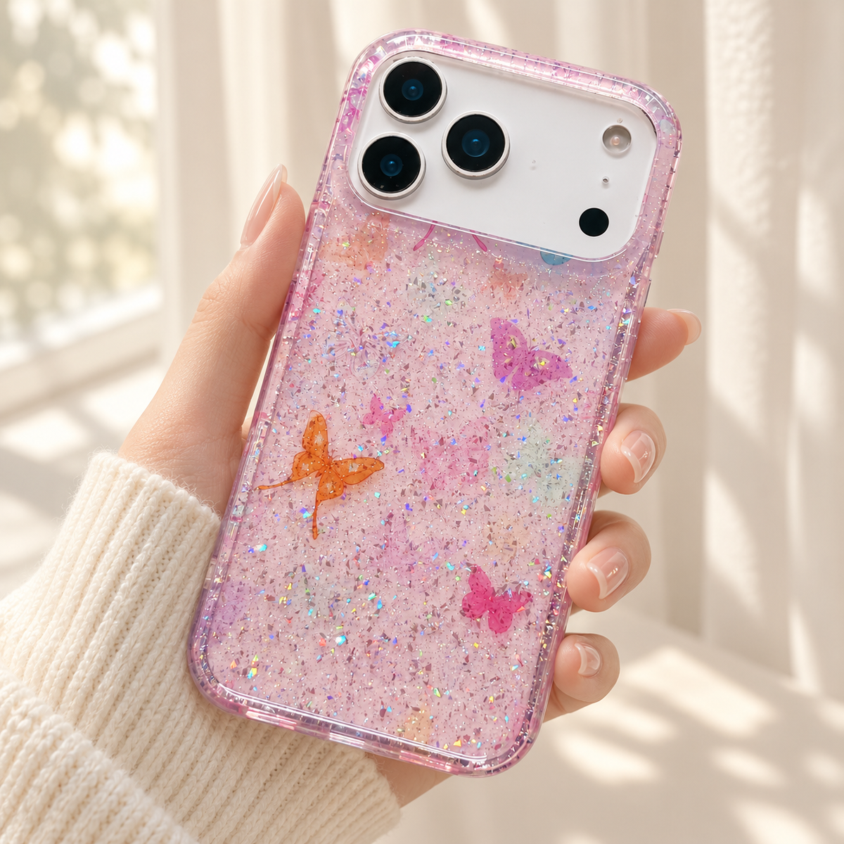 Butterfly Pink case held beside a softly lit window, with light reflecting from its fine flecks.