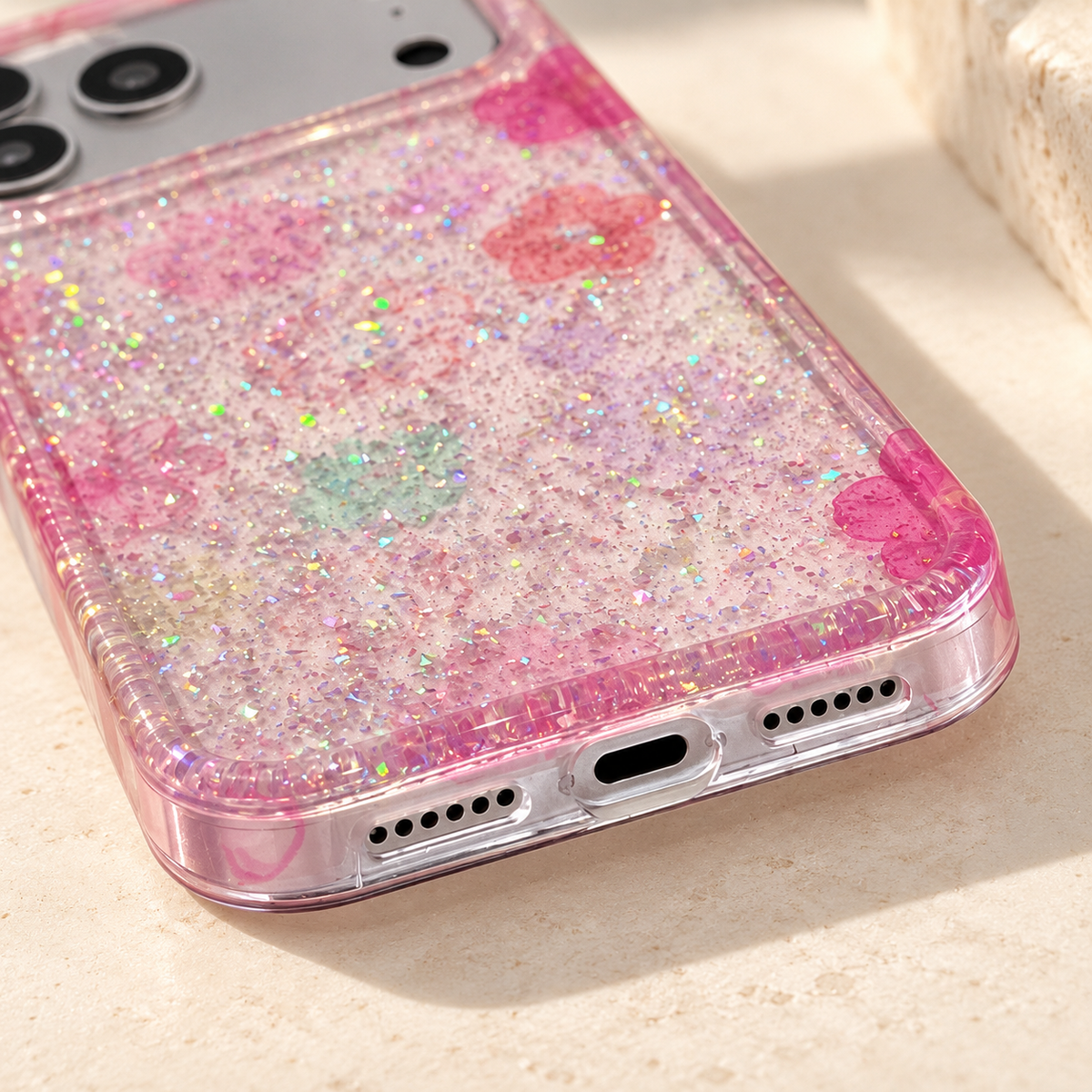 Detail of the Floral Pink case's translucent lower rim and observed bottom openings.