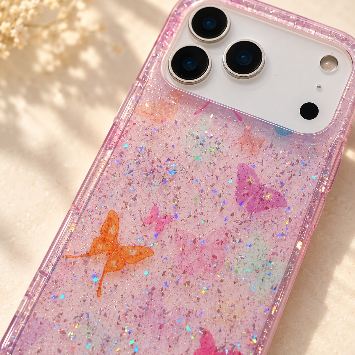 Close-up of the original orange butterfly and sparkling pastel background on the Butterfly Pink case.