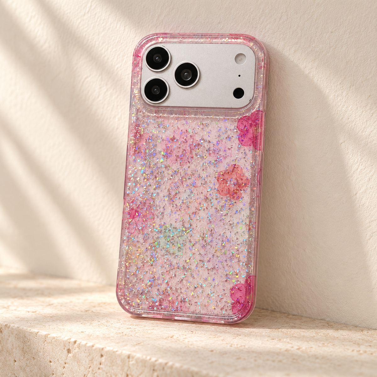 Floral Pink case standing on a pale stone shelf against an ivory wall.