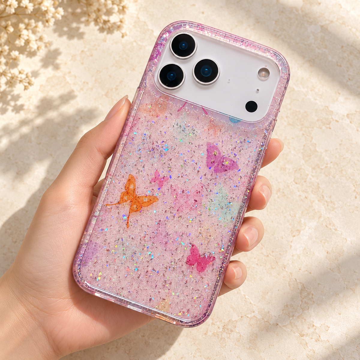 Butterfly Pink case held upright at a gentle angle over a warm cream surface.