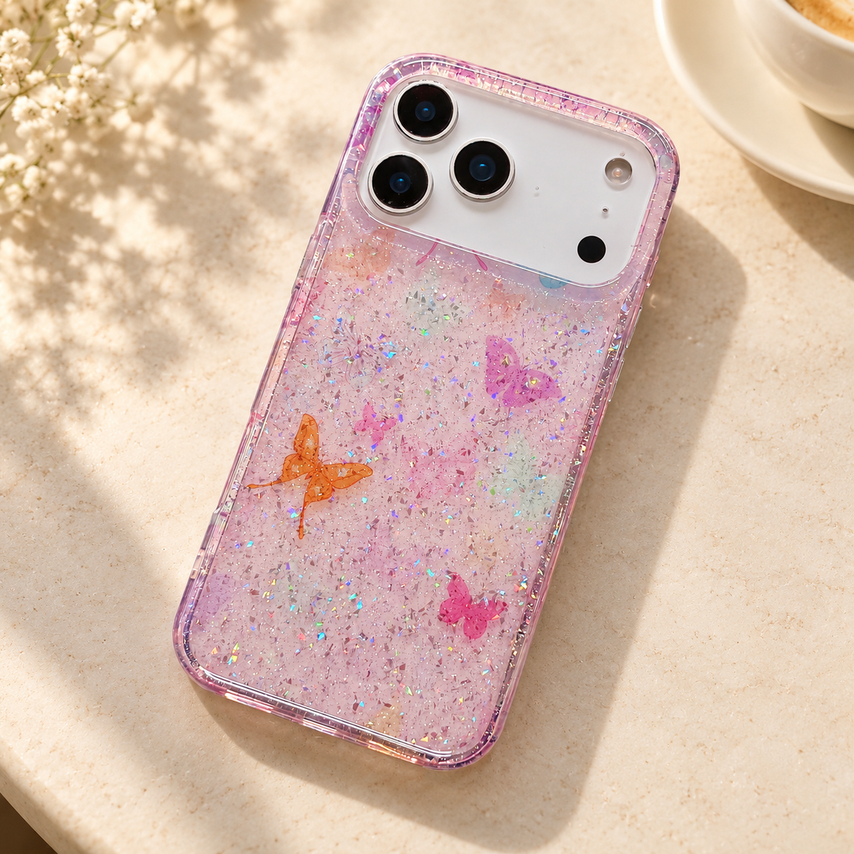 Butterfly Pink case on a cream café tabletop beside an ivory cup.