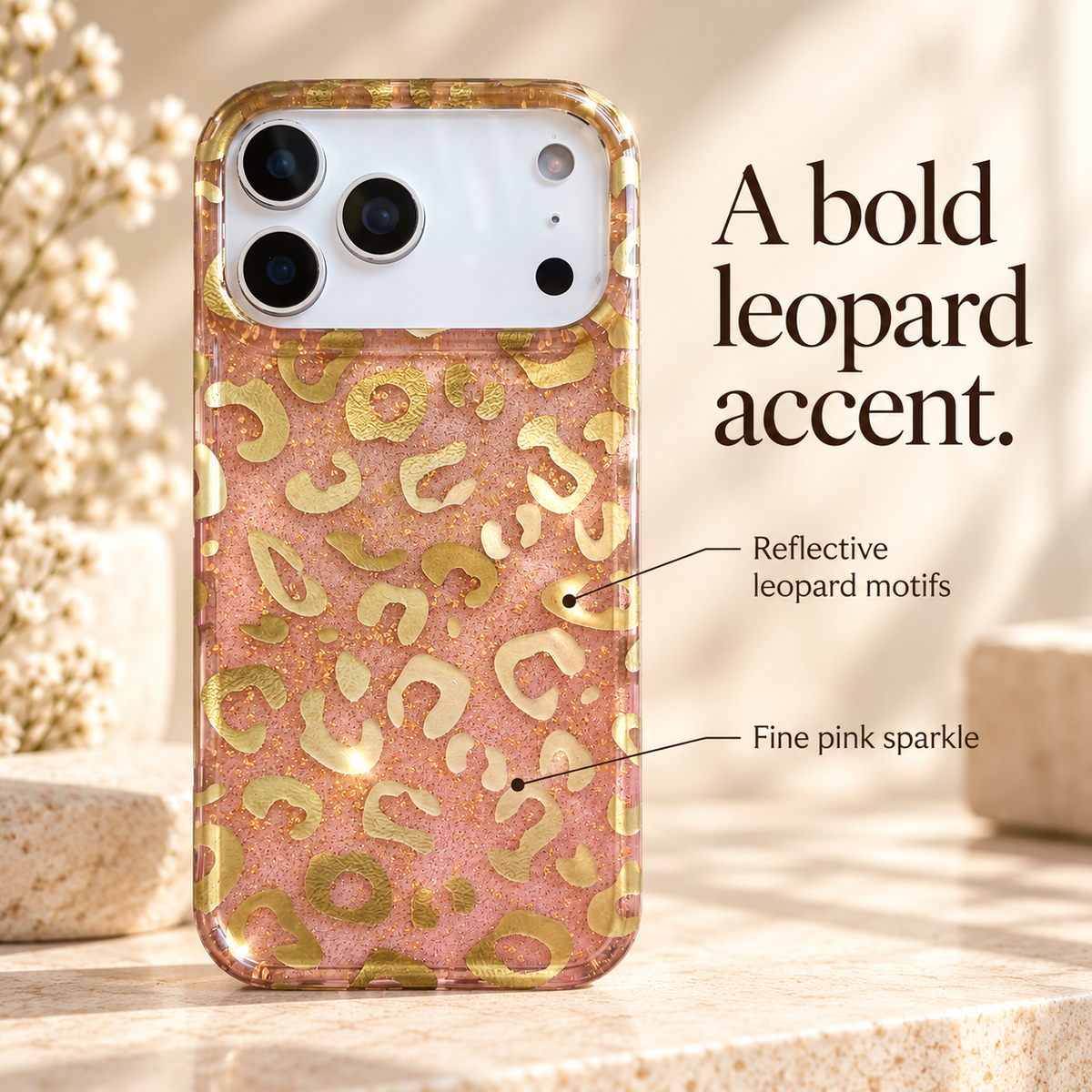 Golden Blush Leopard design guide with direct labels for reflective leopard motifs and the fine pink sparkle background.
