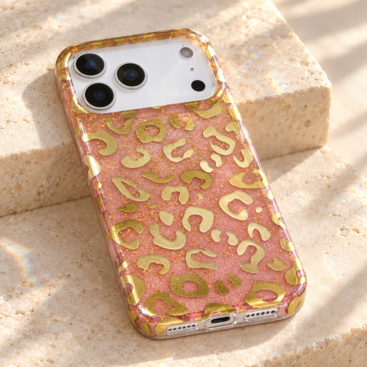 Shallow rear view of the Golden Blush Leopard case on an ivory stone plinth.