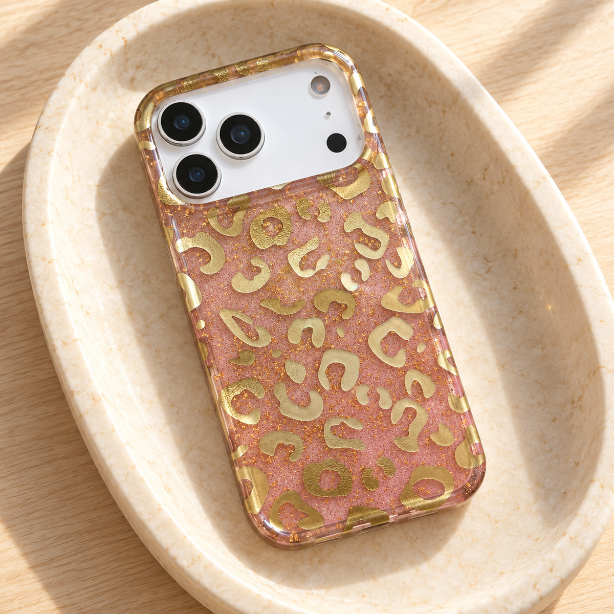 Golden Blush Leopard case placed in a shallow ivory tray.