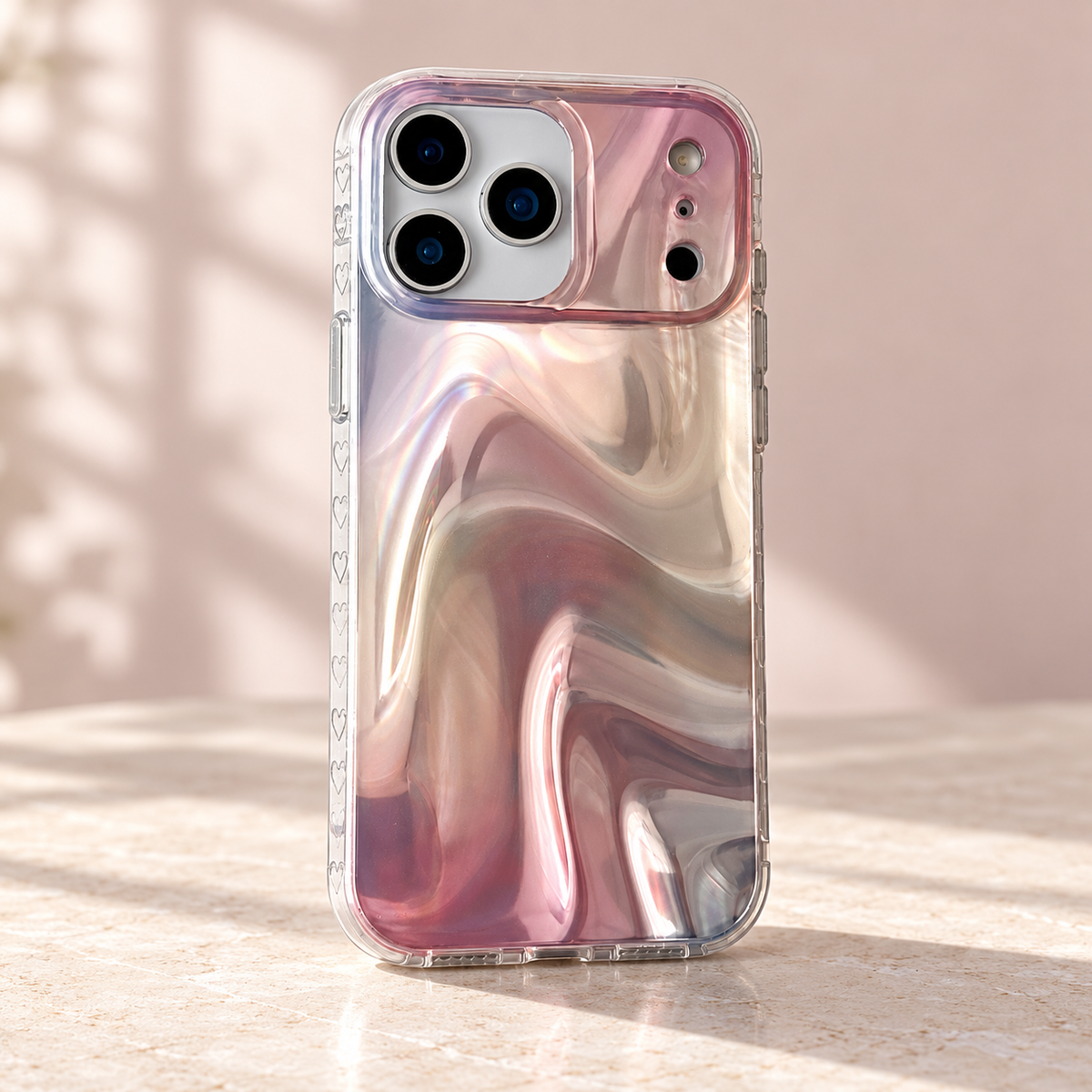 Iridescent Rose Swirl iPhone case shown in full on a pale ivory studio surface.