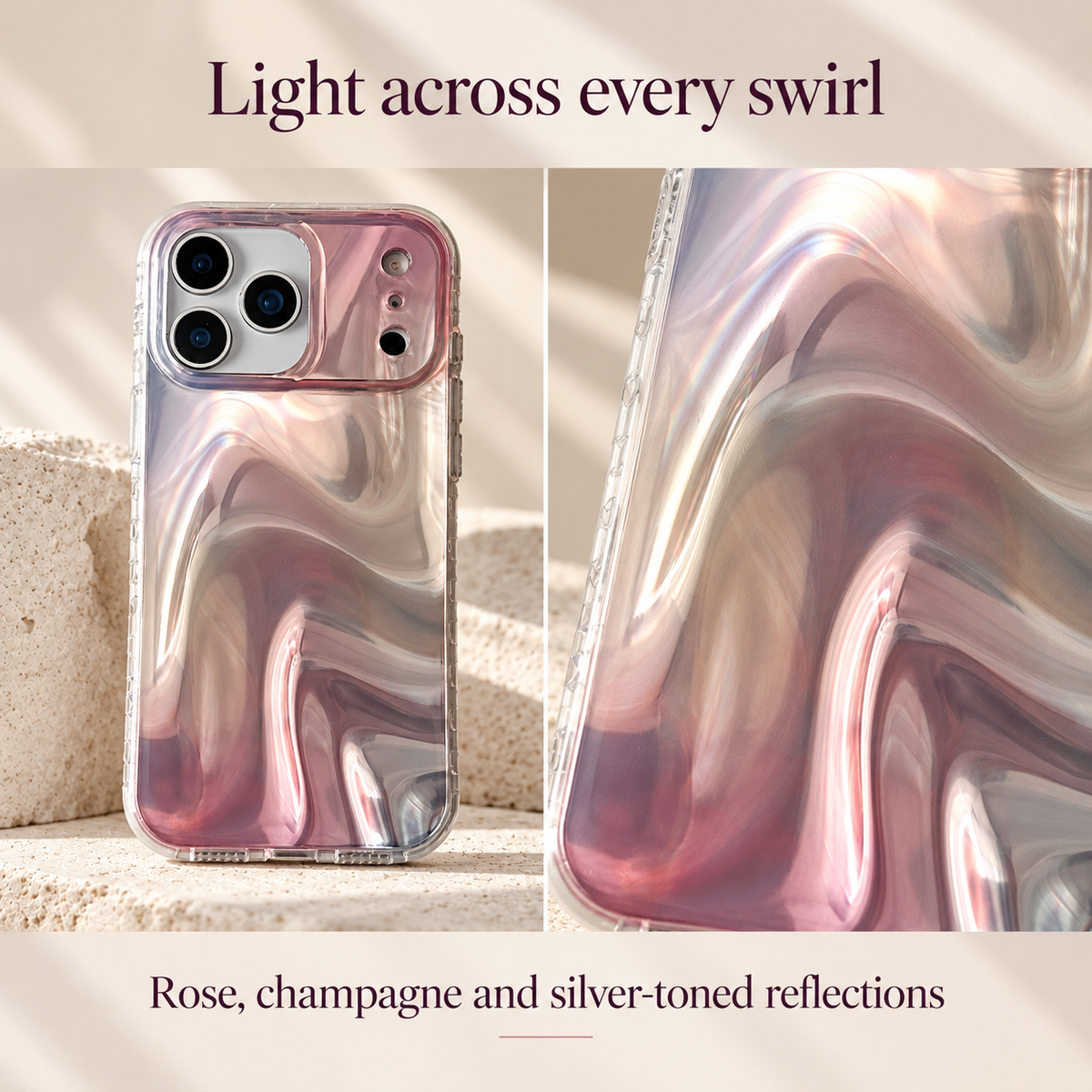 Iridescent Rose finish panel pairing a complete-case view with a rectangular close-up of the flowing reflective swirl design.