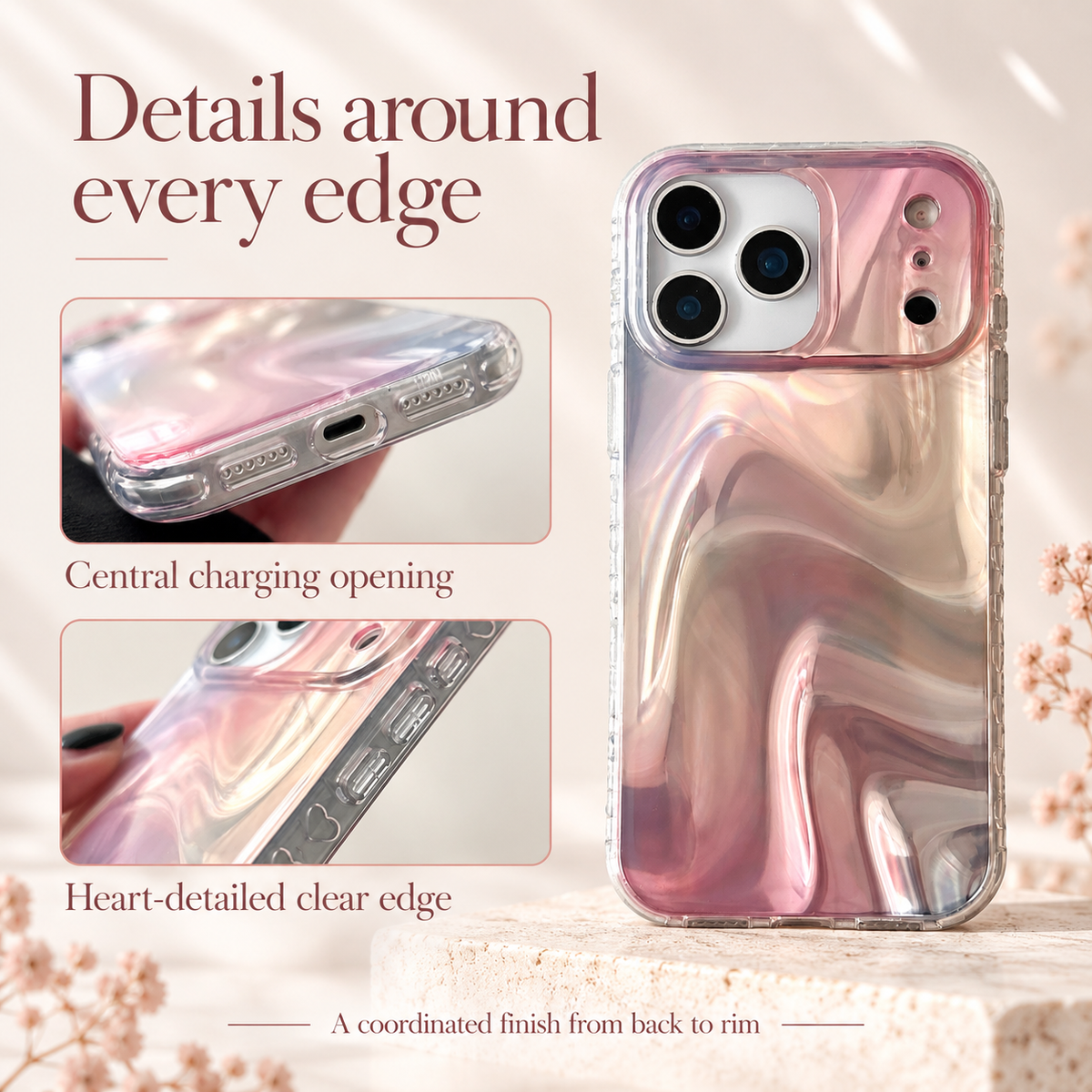 Iridescent Rose edge guide with a full case beside rectangular details of the charging opening and heart-patterned clear side.