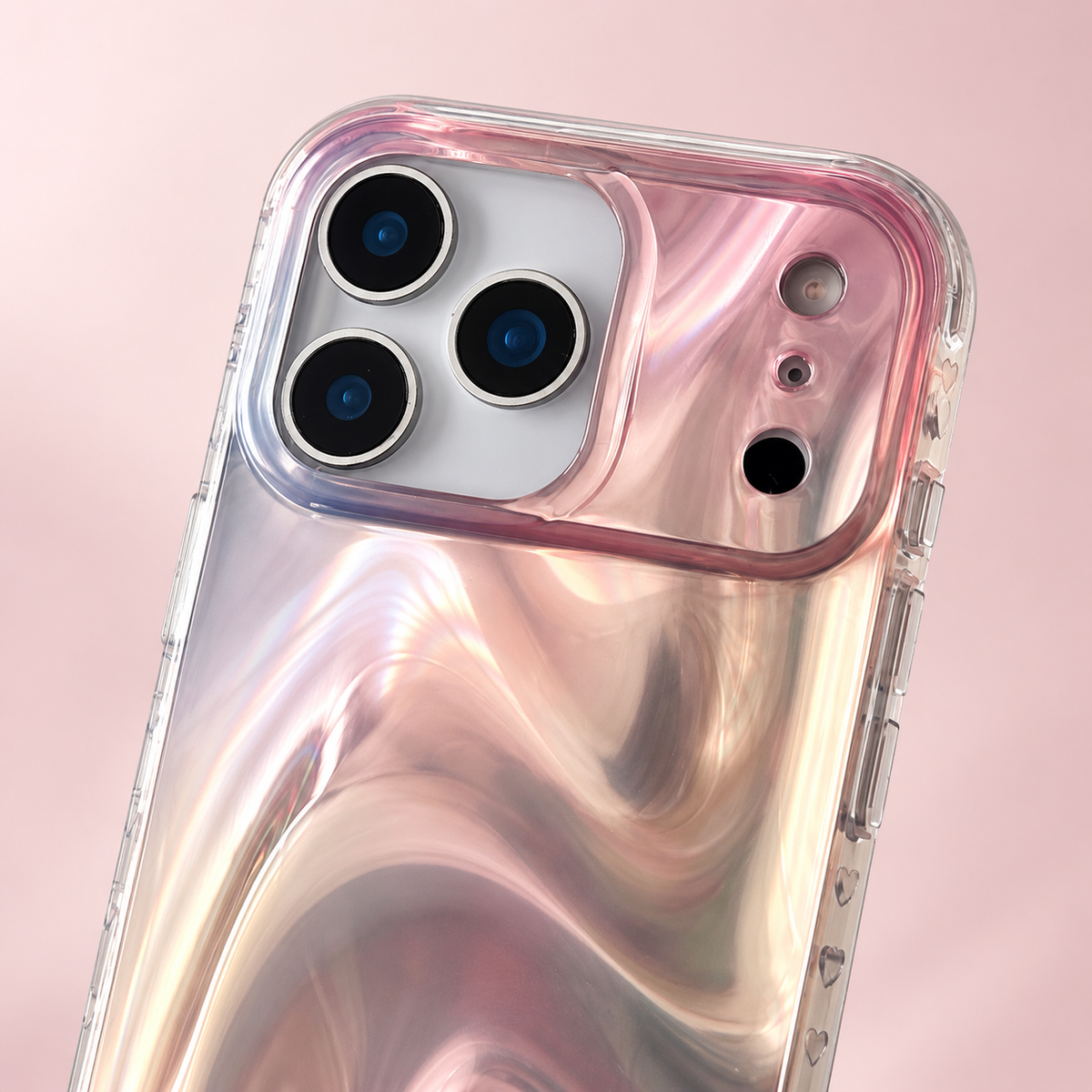Close-up of the Iridescent Rose case’s coordinated split camera surround and clear upper edge.
