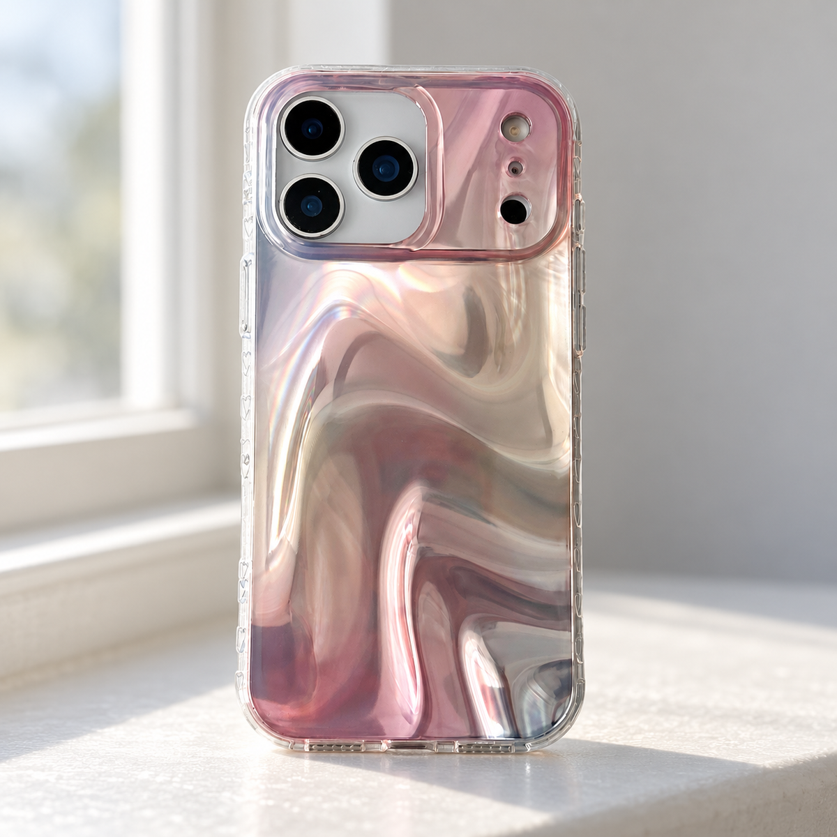 Iridescent Rose case standing on an ivory windowsill in diffuse daylight.