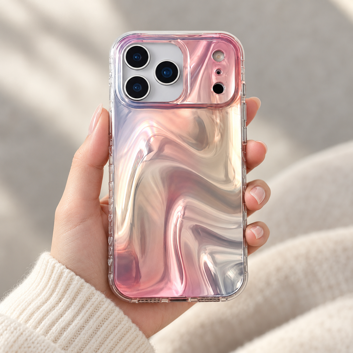 Iridescent Rose case supported in one hand in soft daylight, with the full rear design visible.