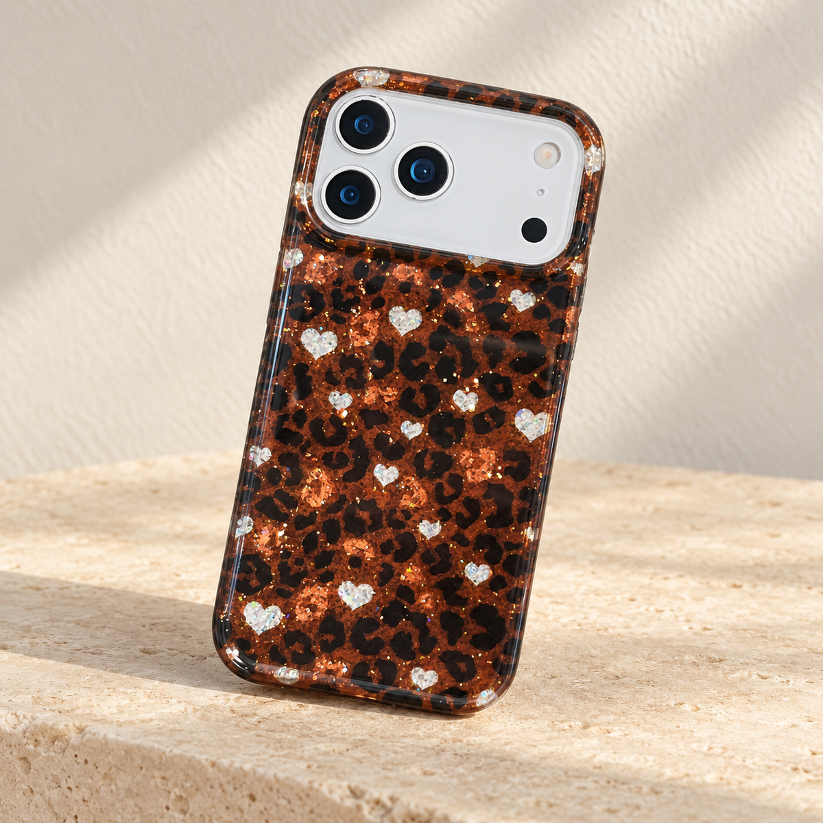 Amber Leopard Heart case shown in full on pale warm limestone.
