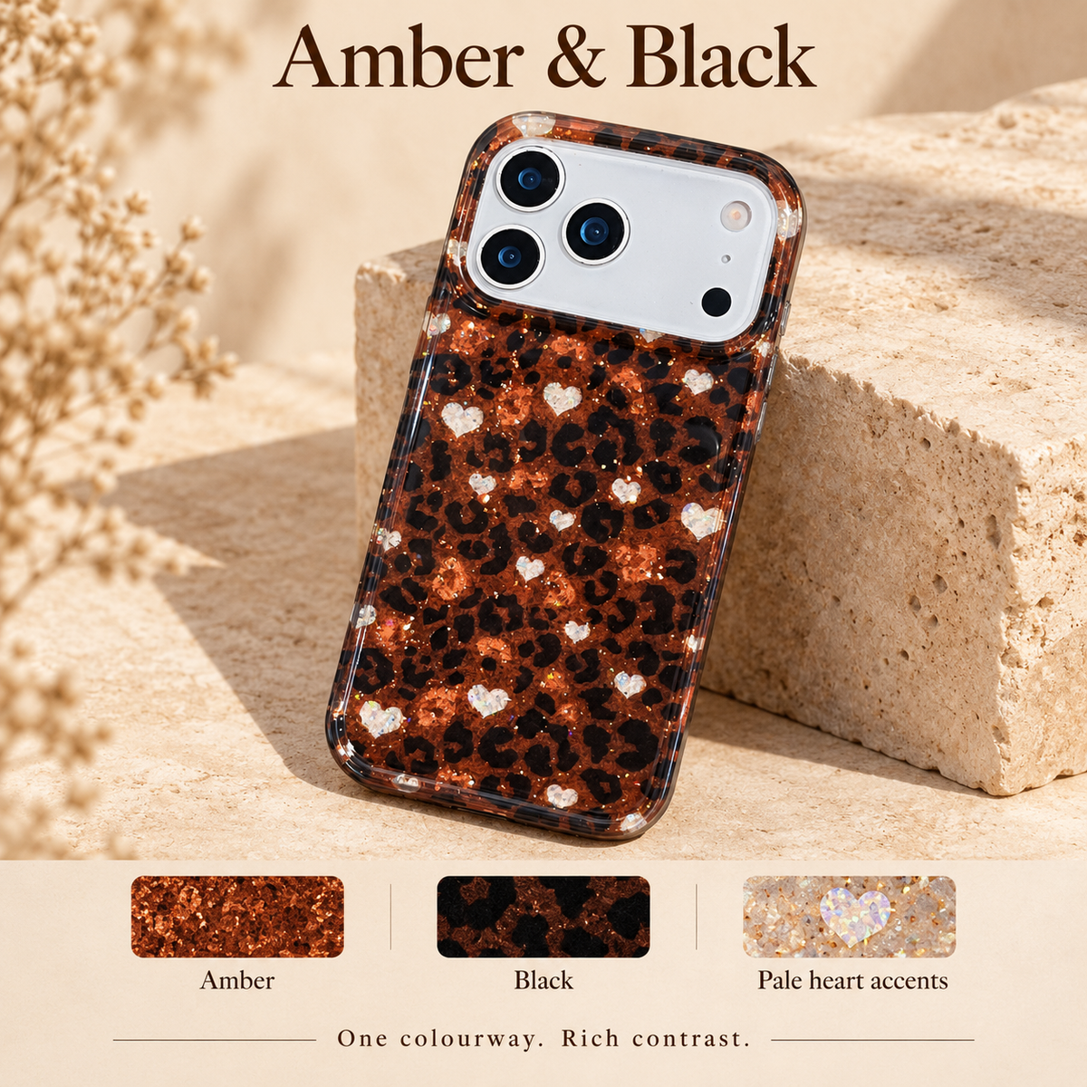 Amber & Black colour guide with the full case and labelled amber, black and pale heart tones.
