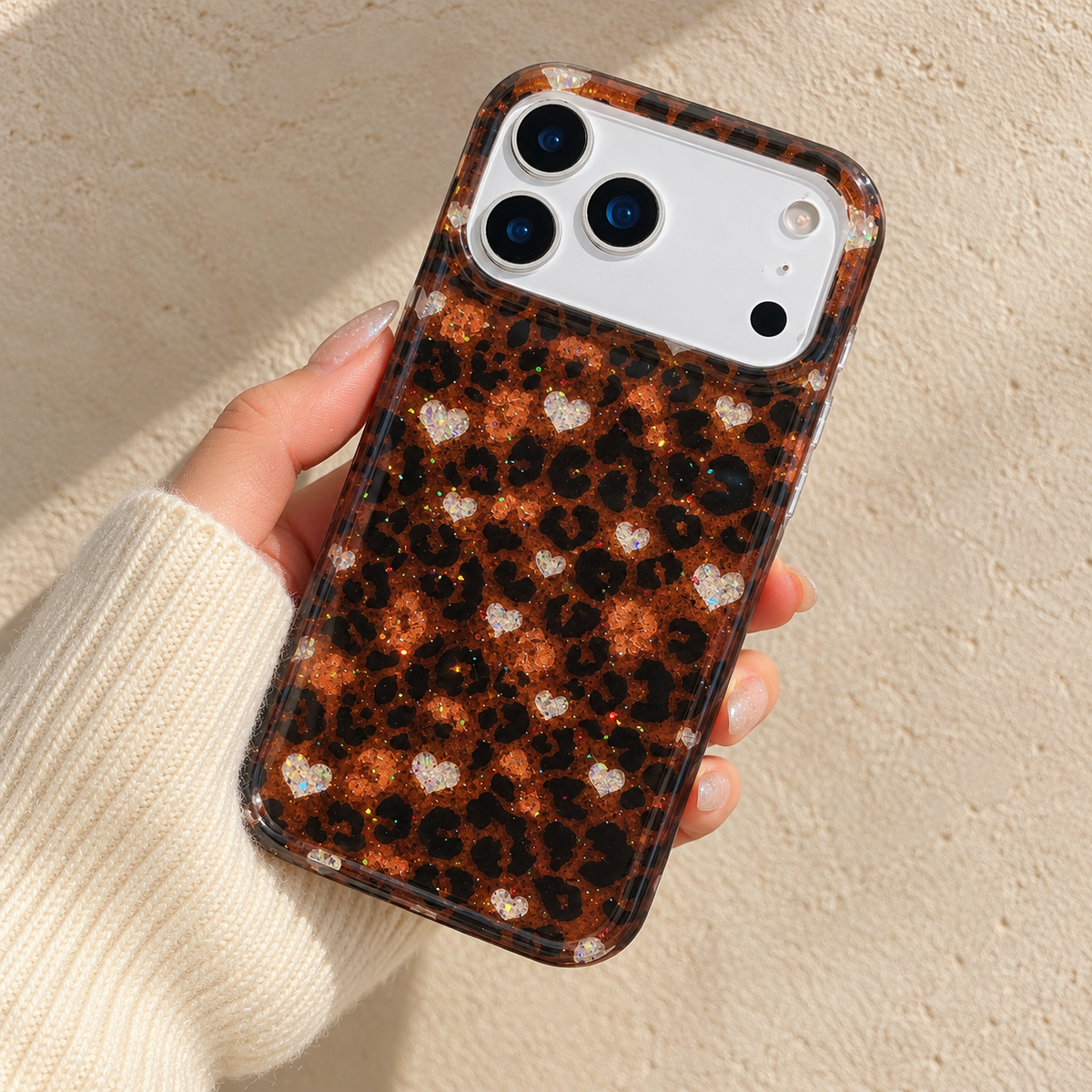 Amber Leopard Heart case held upright in one hand with an ivory knit sleeve.