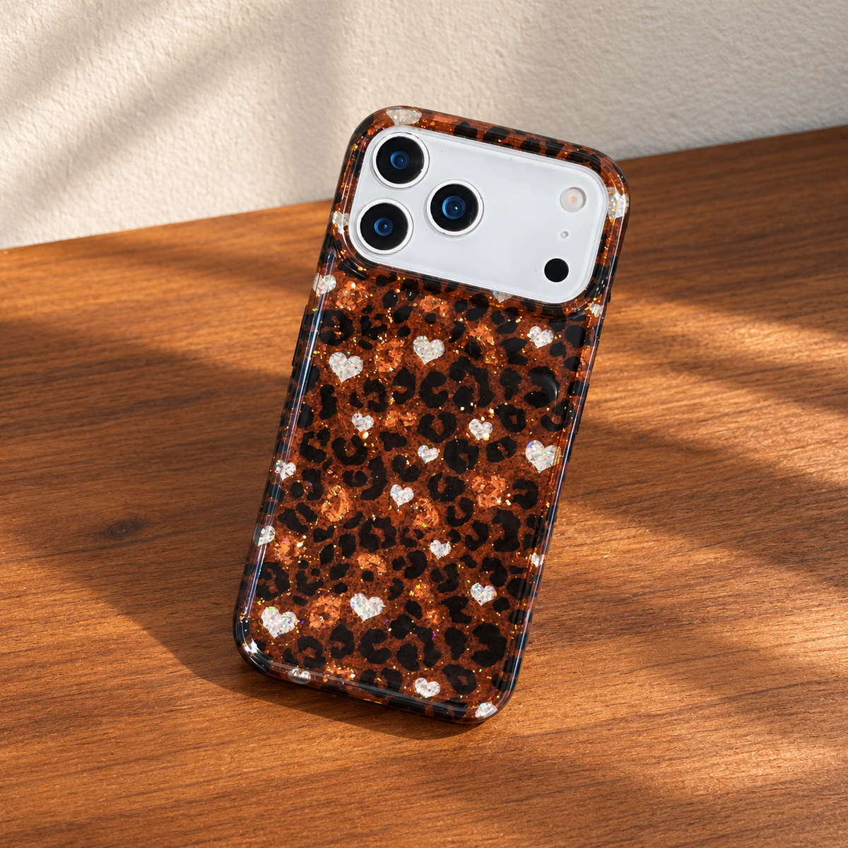 Amber Leopard Heart case resting diagonally on a warm walnut tabletop.