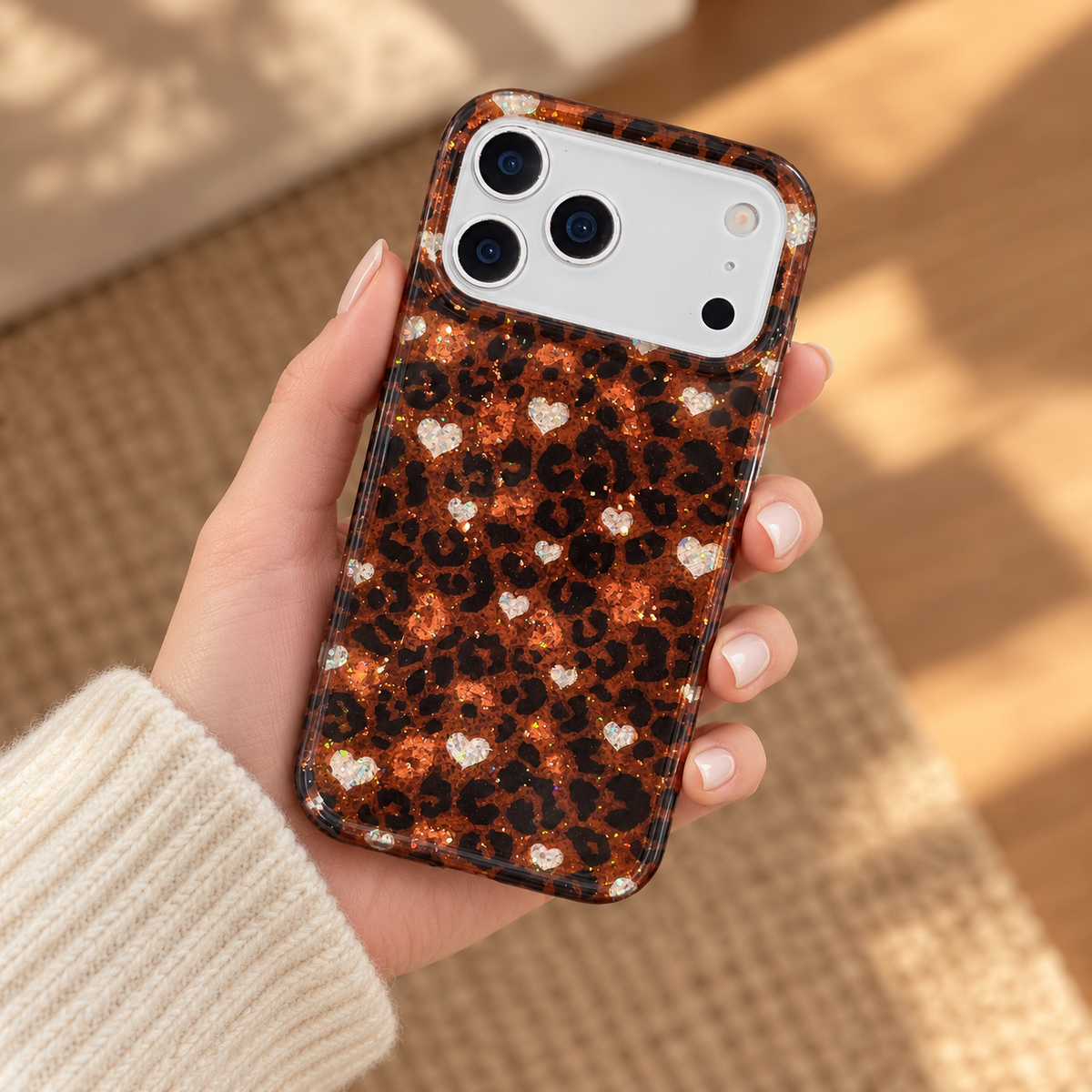 Amber Leopard Heart case supported in one hand in warm daylight, with the full rear design visible.