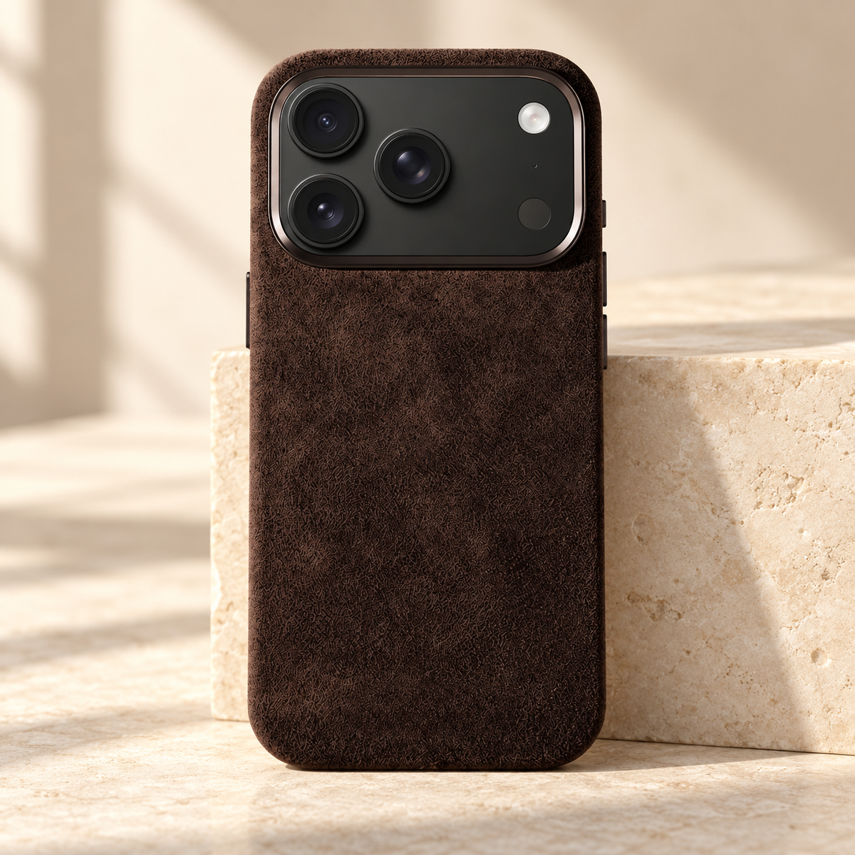Chocolate Brown suede-look textured iPhone case shown in full on warm cream stone.