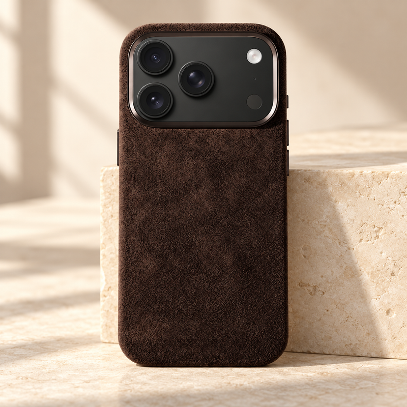 Chocolate Brown suede-look textured iPhone case shown in full on warm cream stone.