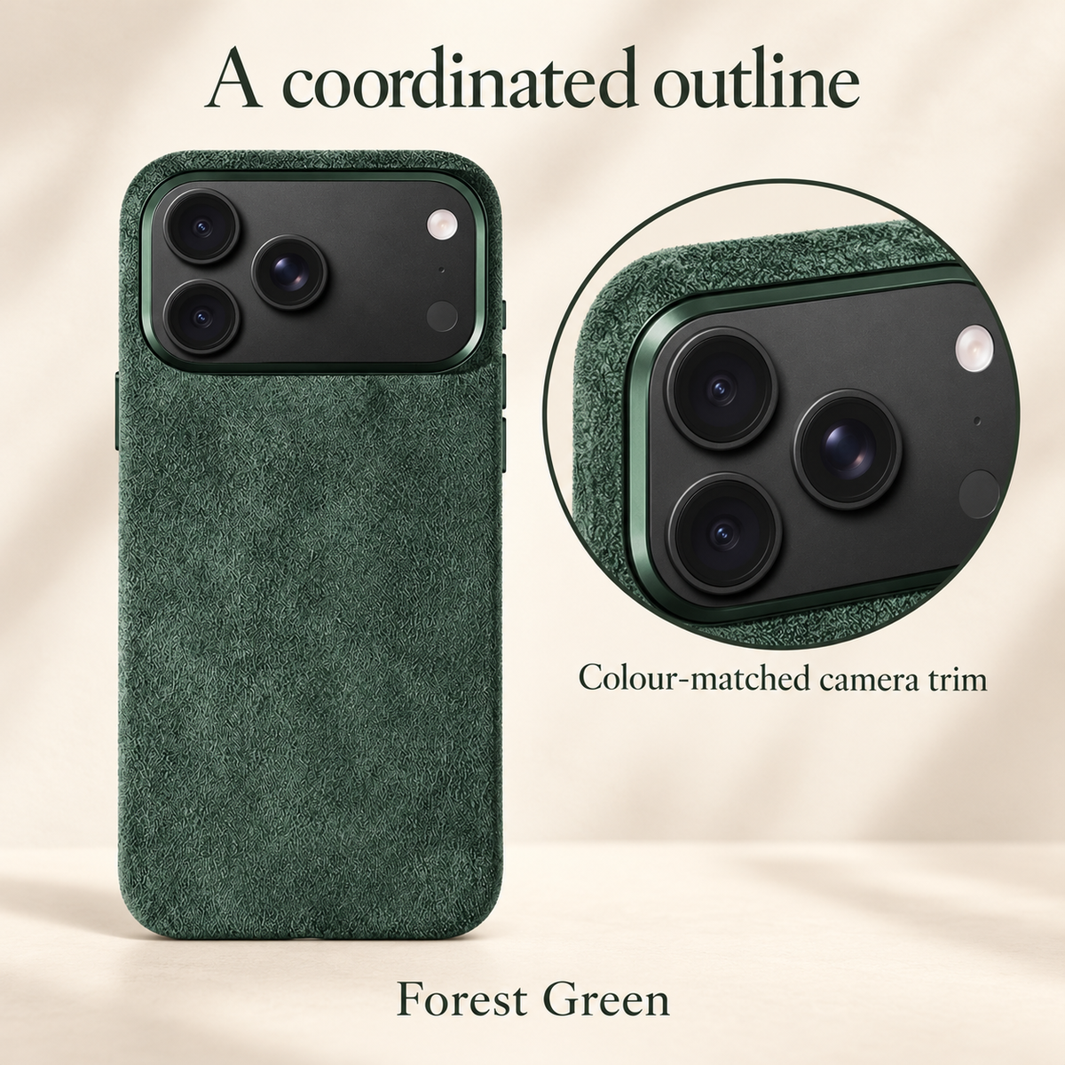 Forest Green textured case shown in full with a circular close-up of its coordinated green camera trim and broad opening.