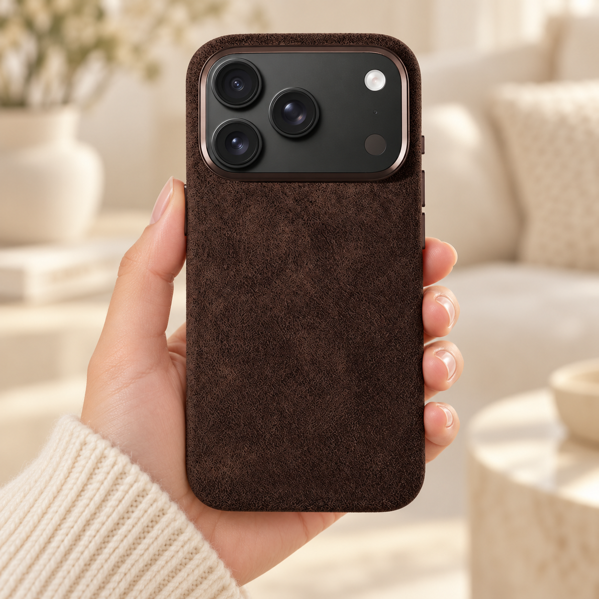 Chocolate Brown suede-look textured iPhone case held in a hand against a softly lit cream interior.