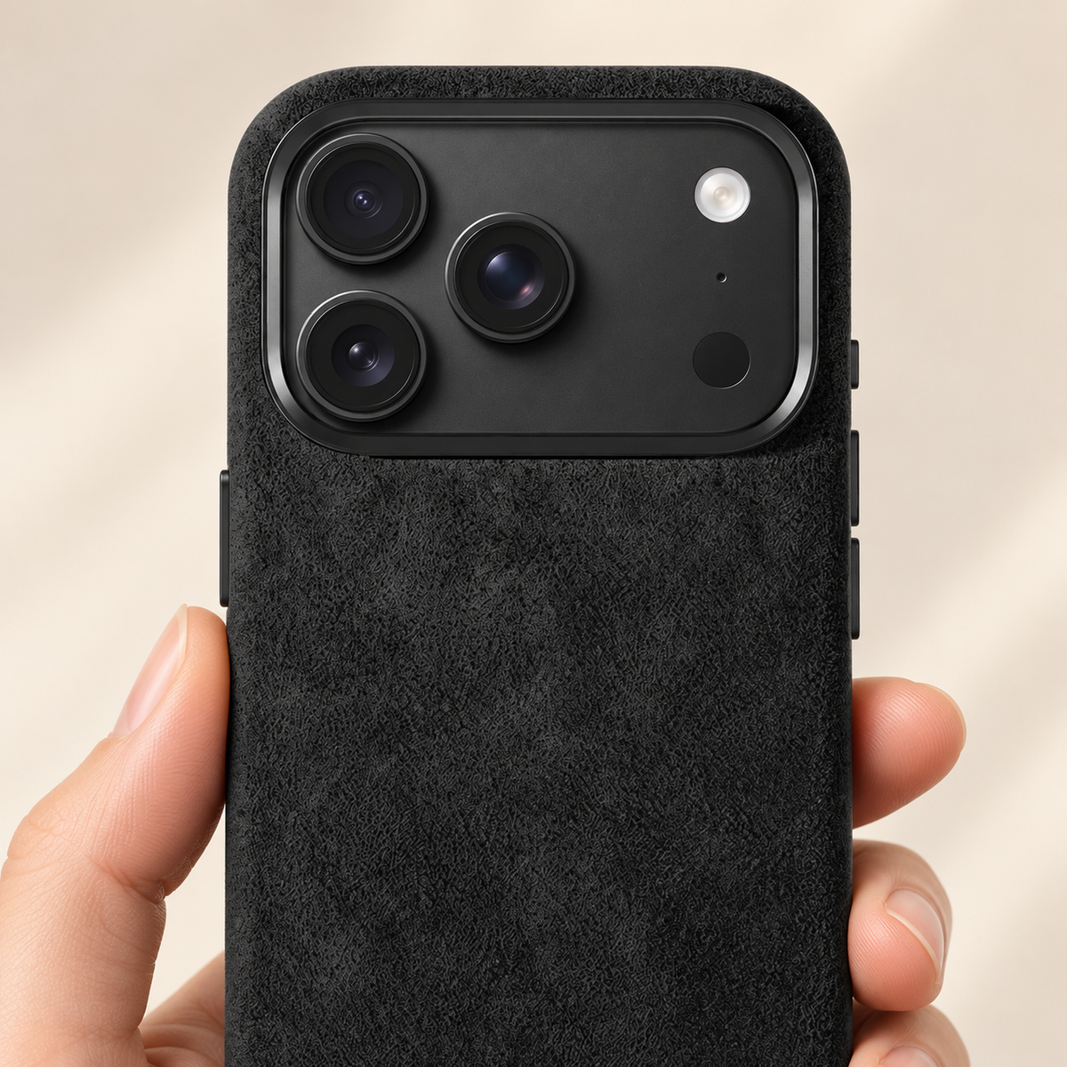 Black suede-look textured iPhone case in a close view of its native camera surround and rear finish.