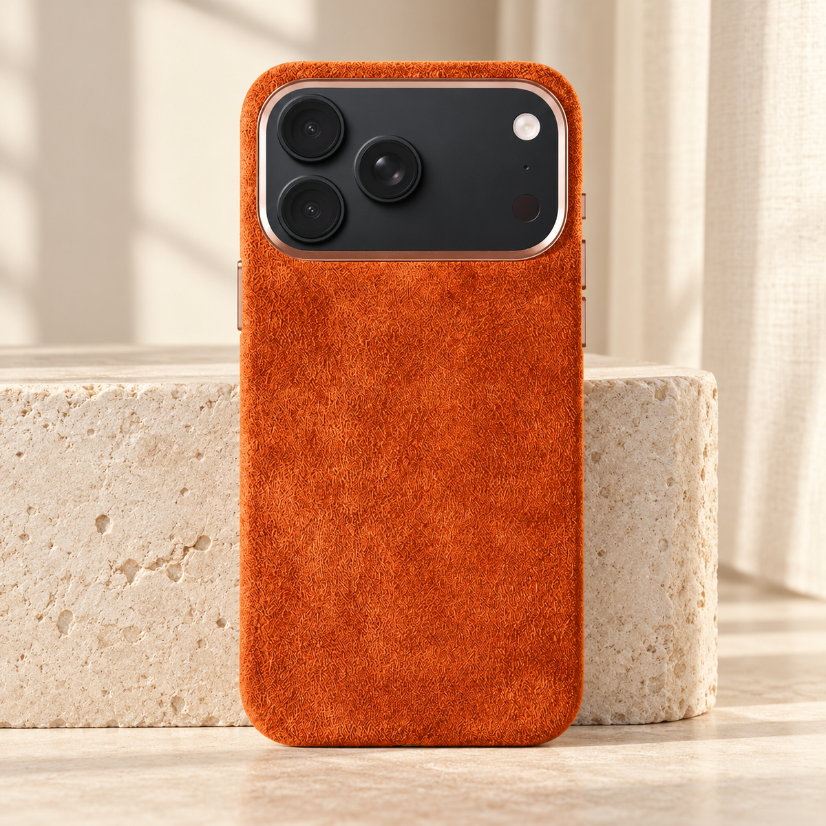 Burnt Orange suede-look textured iPhone case shown upright beside a pale stone block.