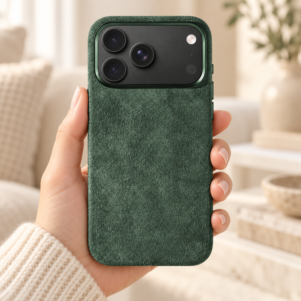 Forest Green suede-look textured iPhone case held in a hand against a softly lit cream interior.