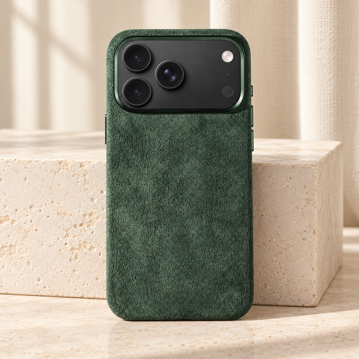 Forest Green suede-look textured iPhone case shown upright beside a pale stone block.
