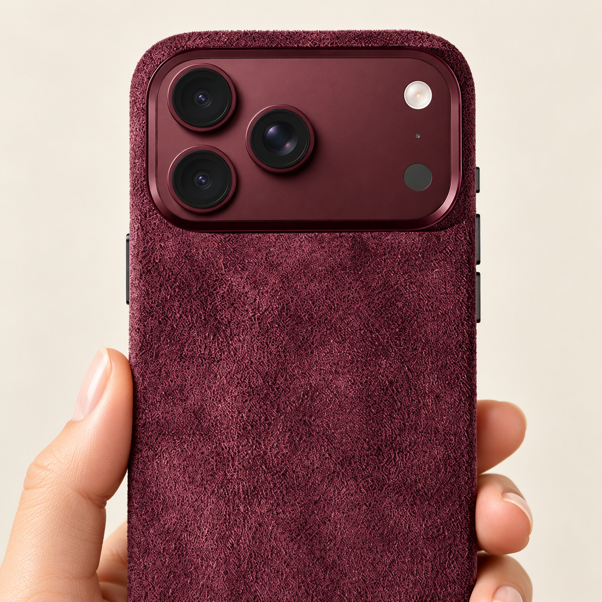 Burgundy suede-look textured iPhone case in a close view of its native camera surround and rear finish.